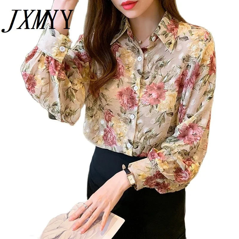 

JXMYY Fashion and Elegant Floral Lantern Sleeve Chiffon Shirt Fall 2021 New Loose Lapel Embroidered Top