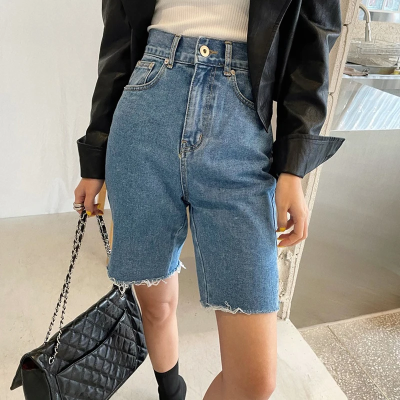 

Alien Kitty 2021 New Button Fly Straight Denim Short Jeans Solid High Waist Office Lady Casual Women Slim All Match Loose Pants