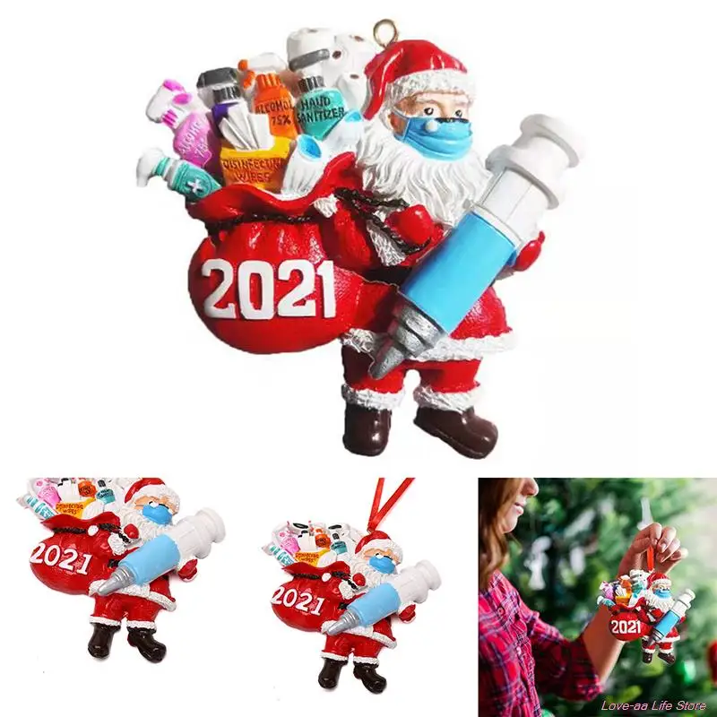 

2021 Quarantine Christmas Decor Pendant Santa Claus with Needle Vaccine Prevention Gift New Year Xmas Tree Hanging Decorations