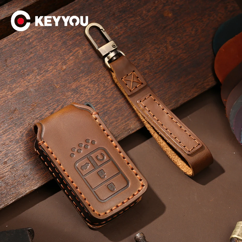 

KEYYOU 3/4 Buttons Remote Cover Genuine Leather Car Key Fob Case For Honda 2015 2016 2017 Accord Civic Crv Crad V Pilot Fit