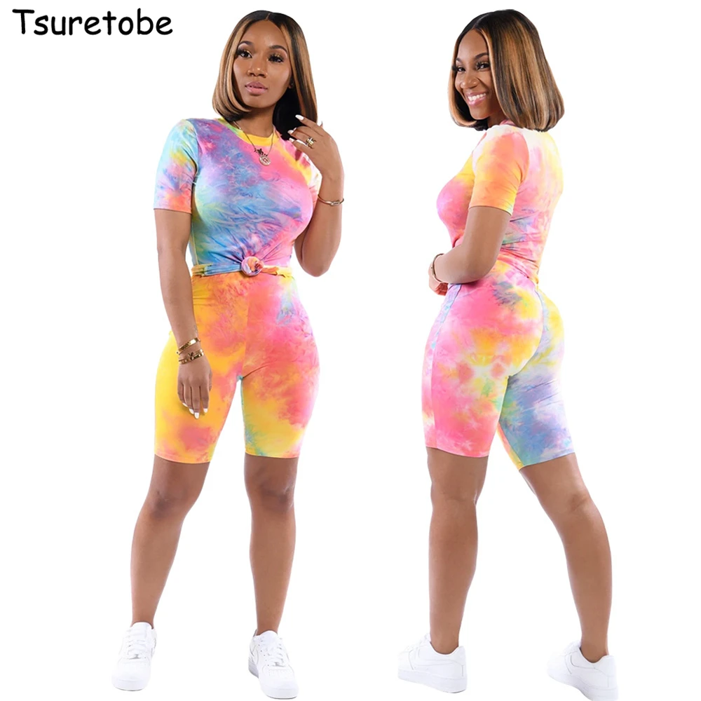 

Tsuretobe Tie Dye 2 Piece Set Women Clothes Crop Top Biker Shorts Set Fashion Matching Sets For Women Birthday Outfits For Women