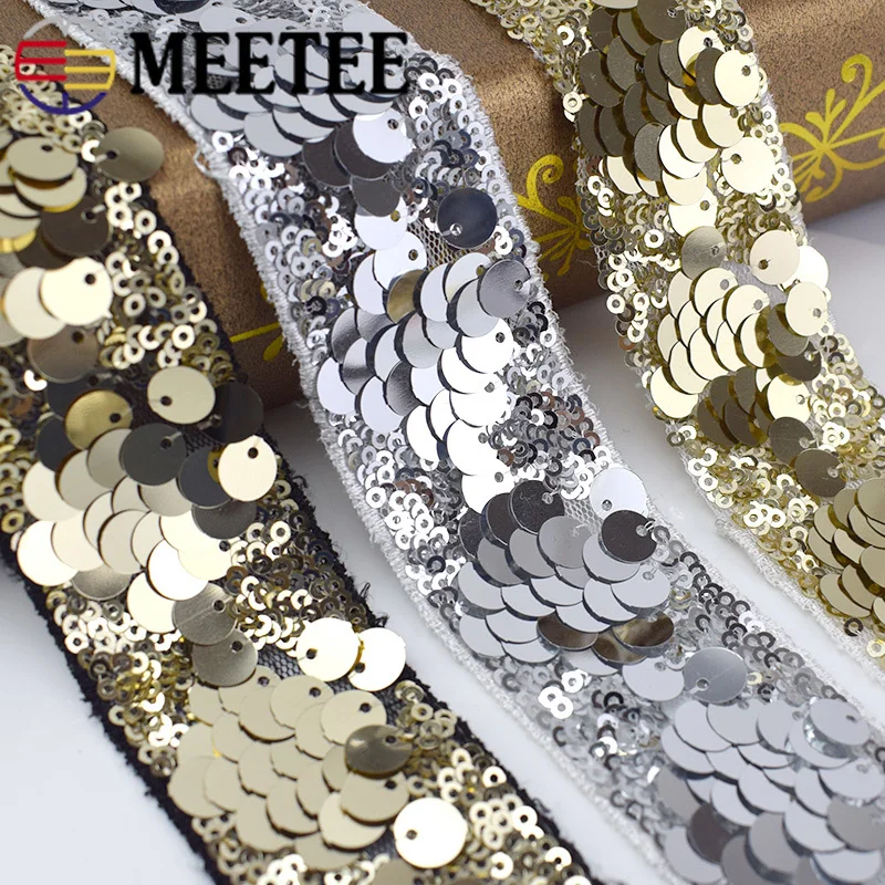 Ленты кружевные с блестками золотистые/серебристые 4 см|Кружево| |