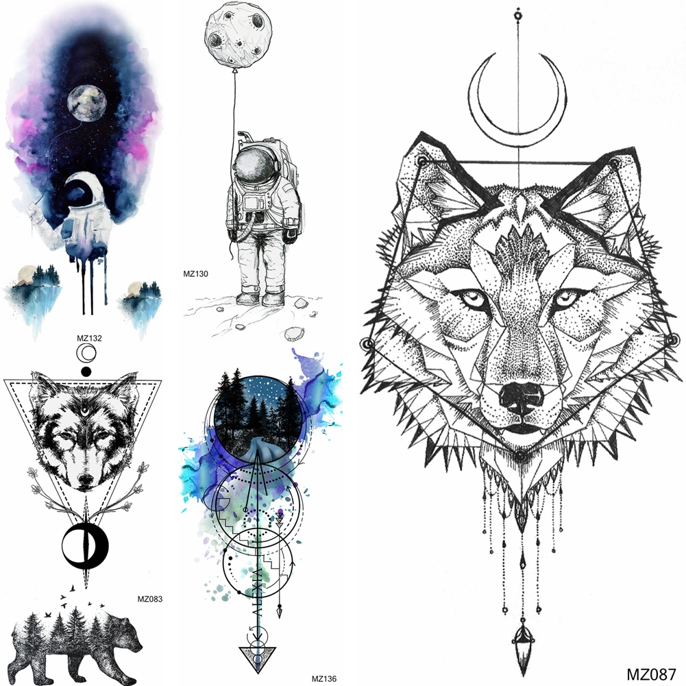 

Moon Wolf Adults Temporary Tattoos For Women Sexy Body Art Animal Arm Tattoo Stickers Sheets astronaut Fake Waterproof Tatoos
