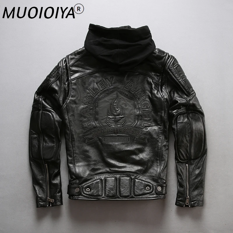 

Заводская Новинка 2021, Мужская черная мотоциклетная куртка Leatehr с капюшоном, модная Толстая байкерская куртка из воловьей кожи для верховой ...