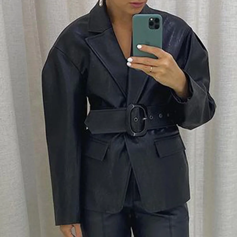 

Elina Casual Notched Tie Belt Waist Blazers Women Vogue Solid PU Leather Jackets Women Elegant Long Sleeve Suits Female Ladies
