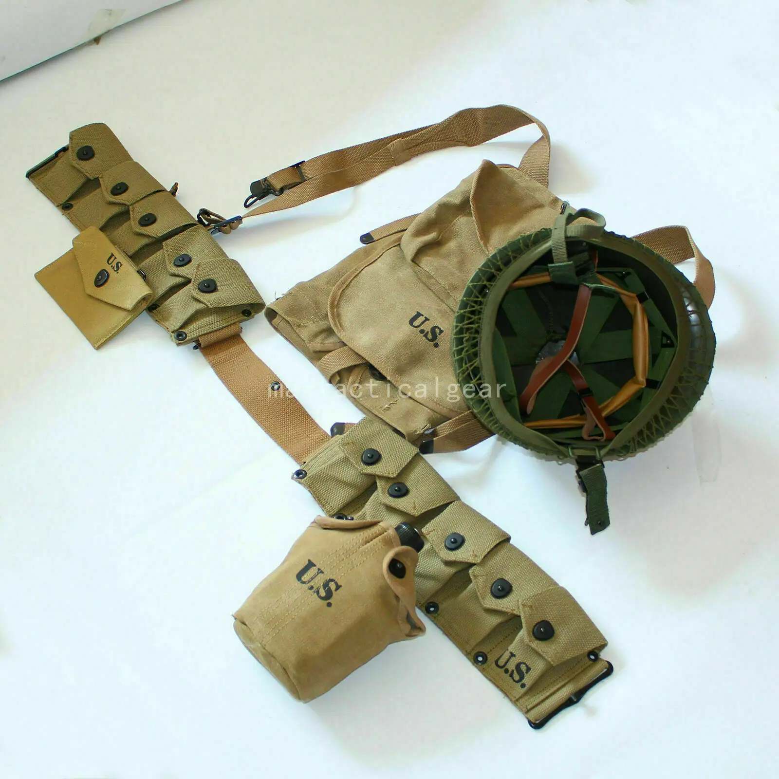 WW2 US Army Soldier Gear M1928 Haversack M1 Helmet Bar Belt Tools Bag Canteen SET MILITARY EQUIPMENT COLLECTION WAR REENACTMENTS | Спорт и