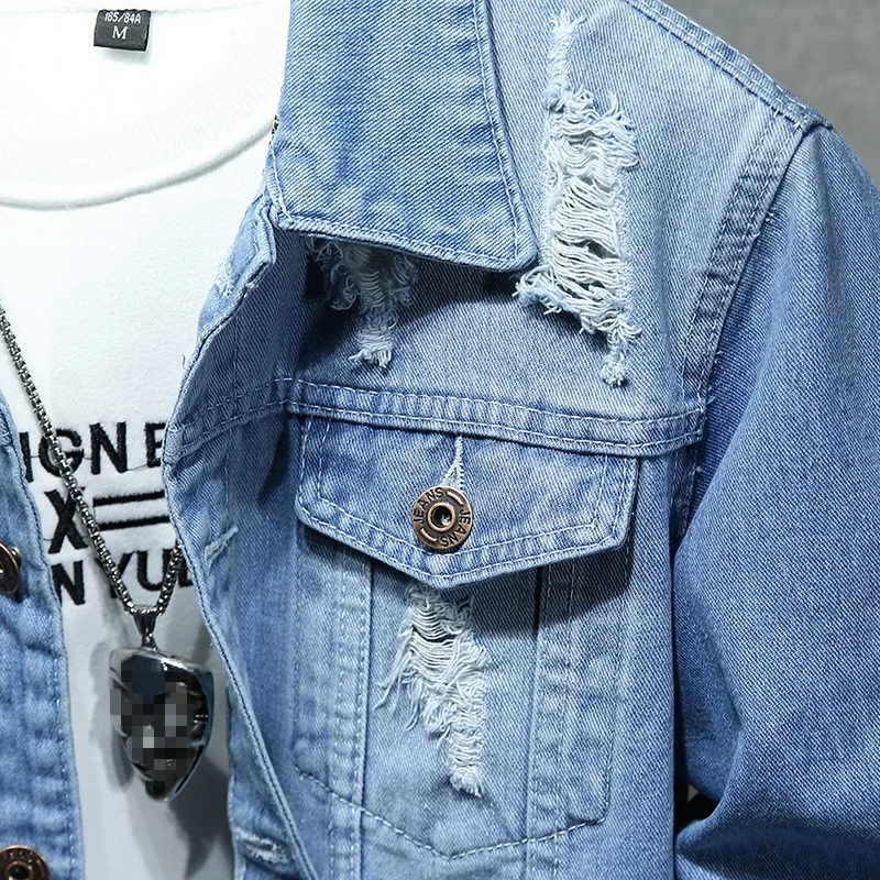 Модная демисезонная Мужская джинсовая куртка рваная ковбойская с дырками