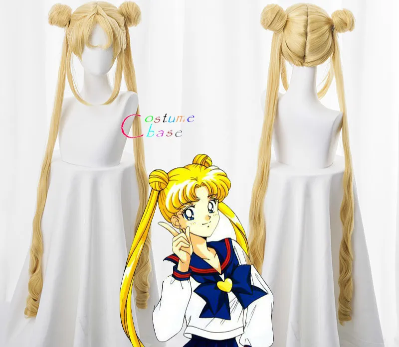 Tsukino Usagi парик 90 см длинные волнистые Сейлор Мун Косплей костюмы вечерние на Хэллоуин синтетические волосы+ шапка парик