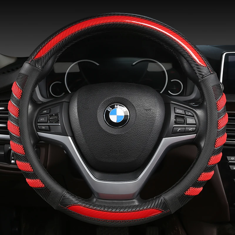 

LS AUTO Steering Wheel Cover 38CM 15'' Braid on Steering Wheel Car styling universal Carbon fiber Steering Wheel Cover