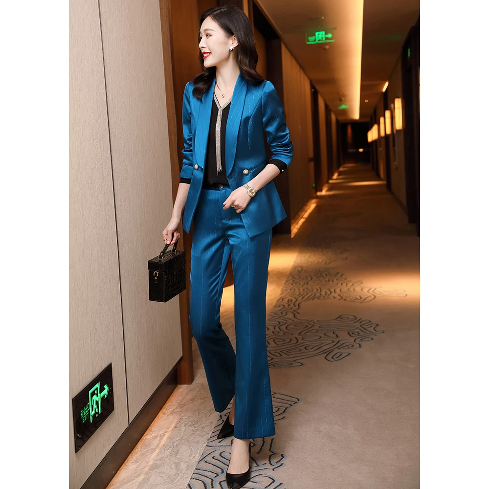 

New Elegant Autumn White Pant Suits For Women 2 Piece Set Formal Blazer Striped Jacket Trousers Office Lady Plus Size S-4XL