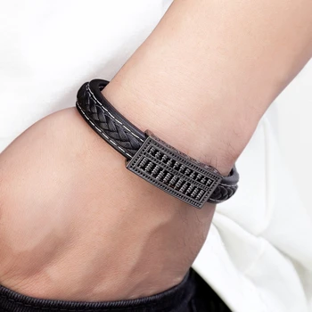 Ancient Abacus Black Leather Men Bracelet - Punk Stainless Steel 3