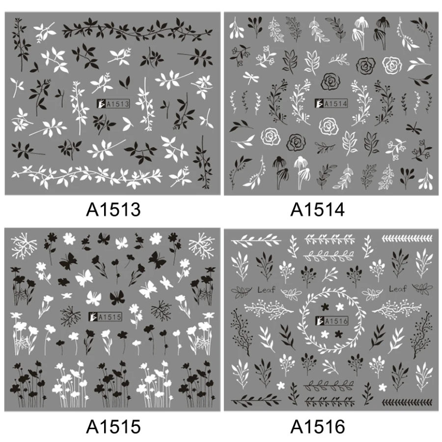 

6pcs/set Black Leaf White Nail Art Stickers Sliders Flower Dandelion Pattern Nail Decals Watermark Tattoo Manicure Nail Art Deco