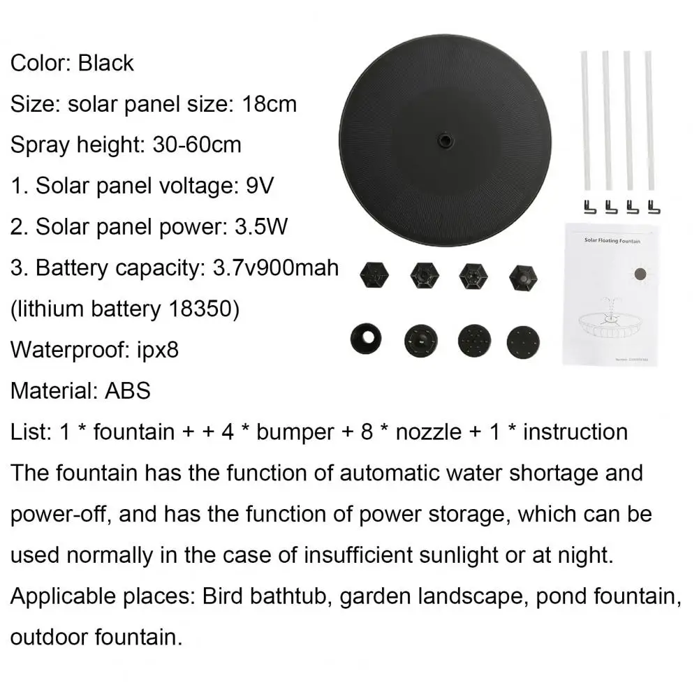 

Garden Fountain Decorative Powerful ABS Water Circulation Floating Solar Fountain for Birdbath Home Decoration