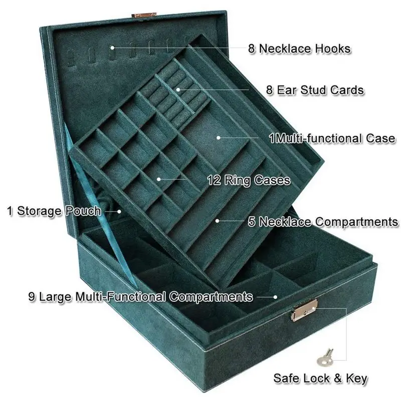 

2-Layer Jewelry Box for Girl Large Suede Jewelry Display Case with Lock Ring Necklace Earring Ear Stud Bracelet Brooch