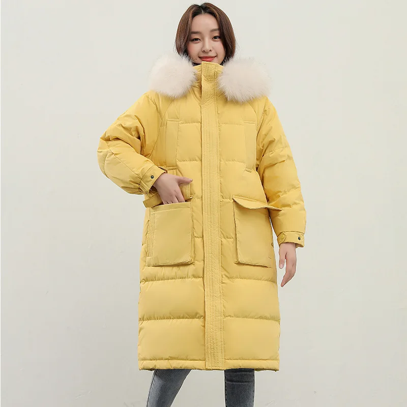 Big Real Fox Fur 2021 New Winter Women Thick Warm Loose Hooded Long Down Parkas 90% White Duck Jacket Windproof Female Coat | Женская