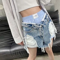 women jeans shorts cotton hollow out cuffs patchwork patch designs do old destroy wash elastic waist girls jeasns street style