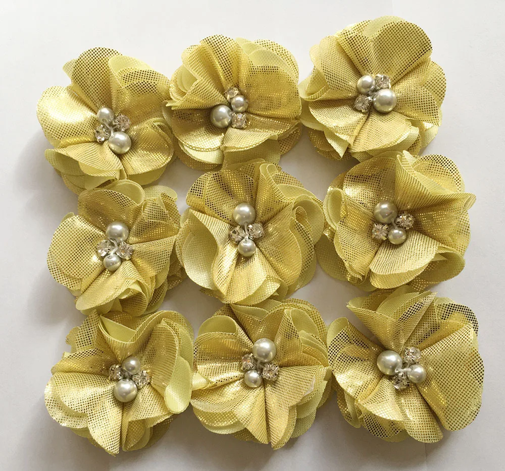 2.0 inch Silver &amp Gold Color Chiffon Flower Ruffled Metallic With Rhinestone Center 100Pcs/lot | Аксессуары для одежды