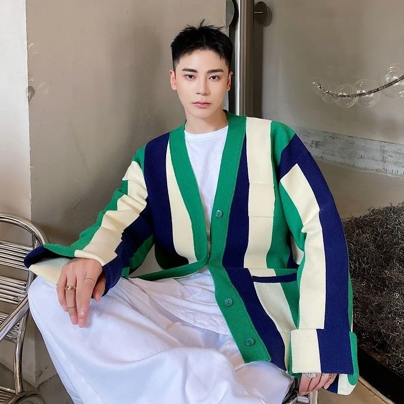 

Autumn And Winter Korean Thickened Green Stripe Men's Cardigan Sweater Fashion High Quality Single Breasted Kinttwear Tops