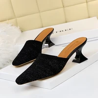 pointed toes woven knit fashion women half med heels stilettos mules loafer casual feminine slippers slides sandalias shoes
