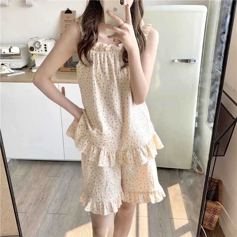 

summer 2 piece set sleepwear home suit women pajamas set homewear spaghetti strap tops shorts pijamas floral print cotton