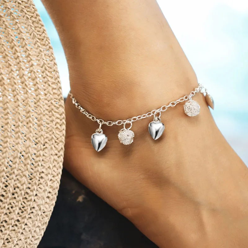 

Hollowed Out Design Anklets For Women With Heart Pendants Lovely Style Ankle Chains Ladies Street Fashion Jewelry Accessories