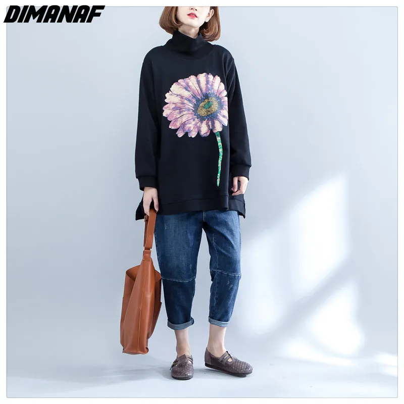 

DIMANAF 2022 Spring Oversize Women Hoodies Sweatshirt Cotton Pullover Lady Tops Floral Print Female Loose Turtleneck Black Shirt