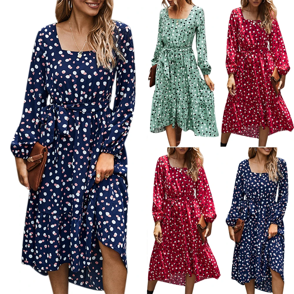 

elegant Square Neck Polka Dot Dress Temperament Women Long Sleeve Bandage Waist Dresses Casual A Line Loose Sundress