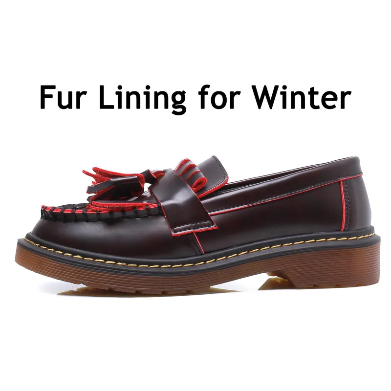 Wine Red Fur Классические женские лоферы с бахромой в стиле ретро; слипоны; женские туфли-оксфорды из мягкой кожи на плоской подошве для женщин; большие размеры 10, 11, 12 - Цвет: Wine Red Fur