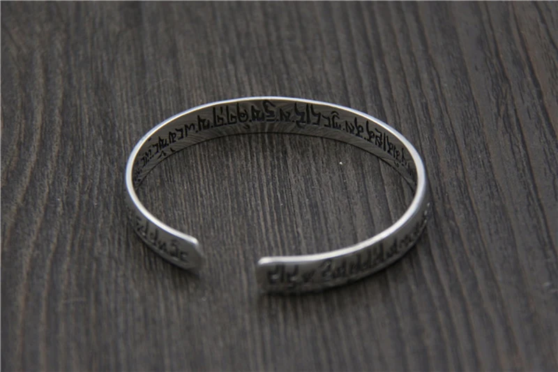 925 Sterling Silver Sanskrit Six-character Word Open Bracelet Fashion Buddhist Text Bracelet Classic Retro Men and Women Models