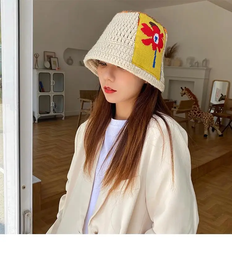 2021 New Knitted Fisherman Hat Women Sweet Style Bucket Hat Flower Patch Pot Cap Vintage Bucket Hats For Women Ladies Gifts