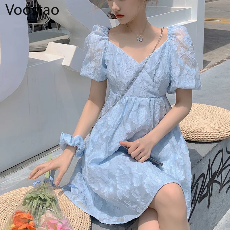 

Летнее милое элегантное цветочное сказочное платье, женское корейское шикарное платье с V-образным вырезом и пышными рукавами для вечерние ...