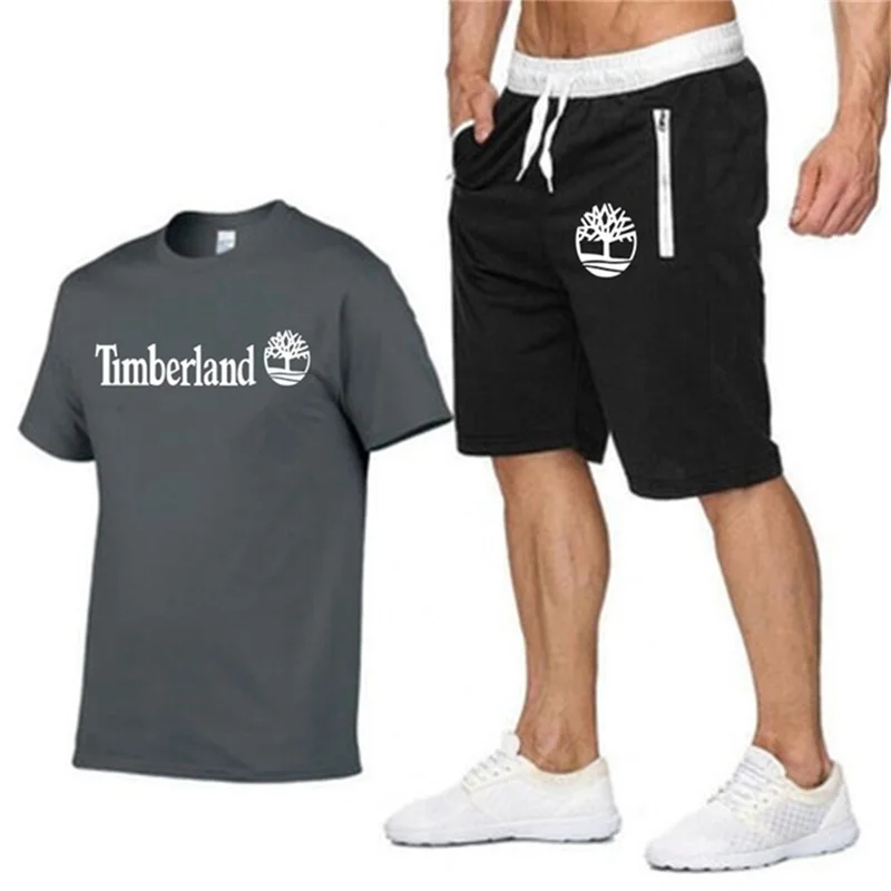 

2021Summer Men's T-shirt Set 2-piece Men's Sportswear Suit Basketball Sports Fitness timberland Printed Short Sleeve + Men's Sui