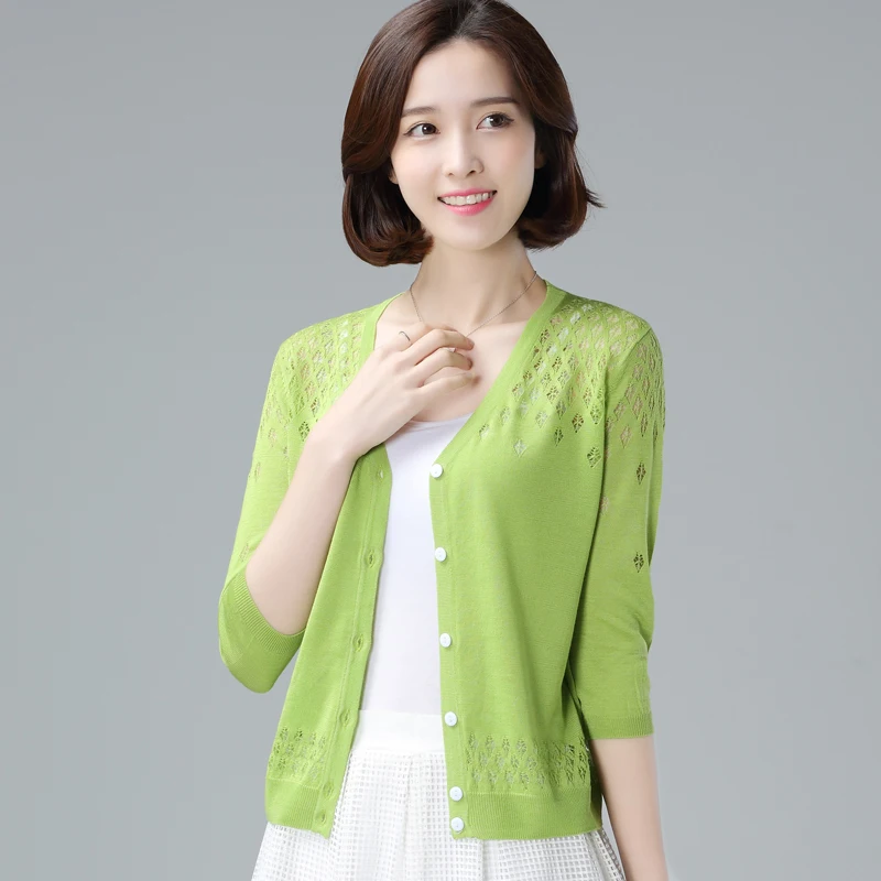 Женский вязаный кардиган однотонный тонкий короткий из вискозы с рукавом три