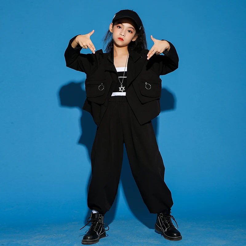

Girls Jazz Costumes Kids Street Dance Suit Children HipHop Suit Fashion Catwalk Show For Child Long Sleeve Black Clothes DWY4993