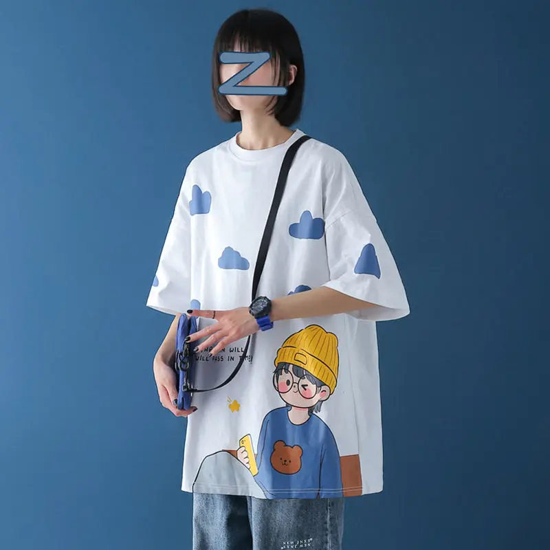 

Cotton Short-sleeved T-shirt Female 2021 Loose Korean Version Cartoon Print All-match Half-sleeved Top Women Tshirt