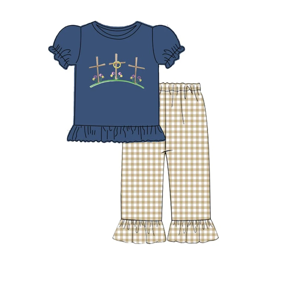 

Summer Girls Clothes Navy Blue Short Sleeve Top And Brown Plaid Trousers Easter Three Cross Embroidery Toddler Girl Outfits