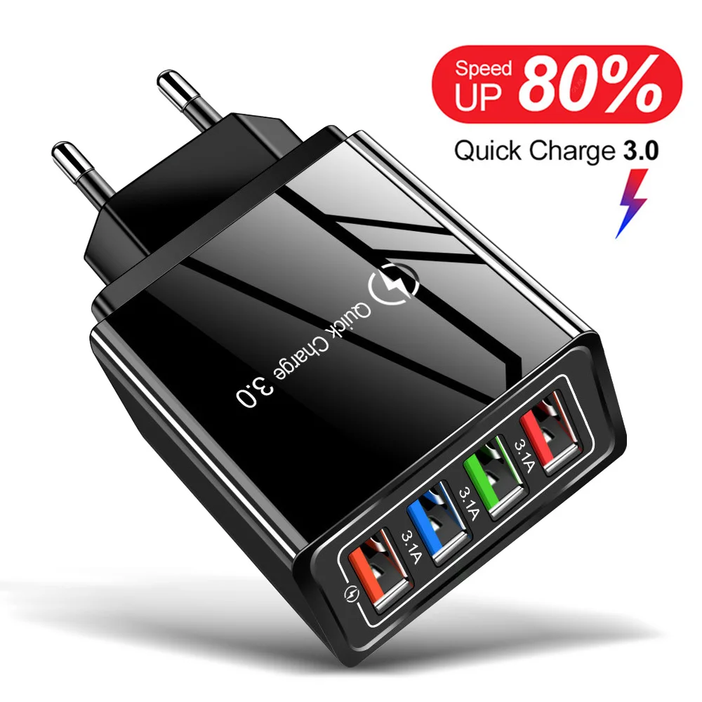 4 Port EU/US Plug USB Charger Quick Charge 3.0 For Samsung A50 A30 iPhone 7 8 Huawei P20 Tablet Wall Mobile Fast | Мобильные