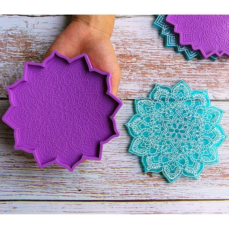 

2 Pcs DIY Mandala Coaster Epoxy Resin Mold Flower Cup Mat Casting Silicone Mould