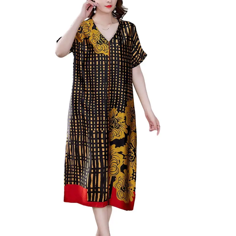 

Big Size Silk Dress Women's 2021 Summer Dress New Loose Retro Printing Mulberry Silk Dress