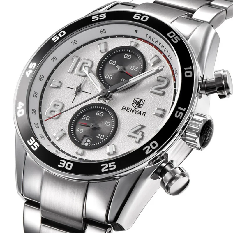 

Silver Mens Watch Chronograph Complete Calendar Male Dress Watch Leisure Steel Strap Quartz WristWatch Boyfriend Gift A517