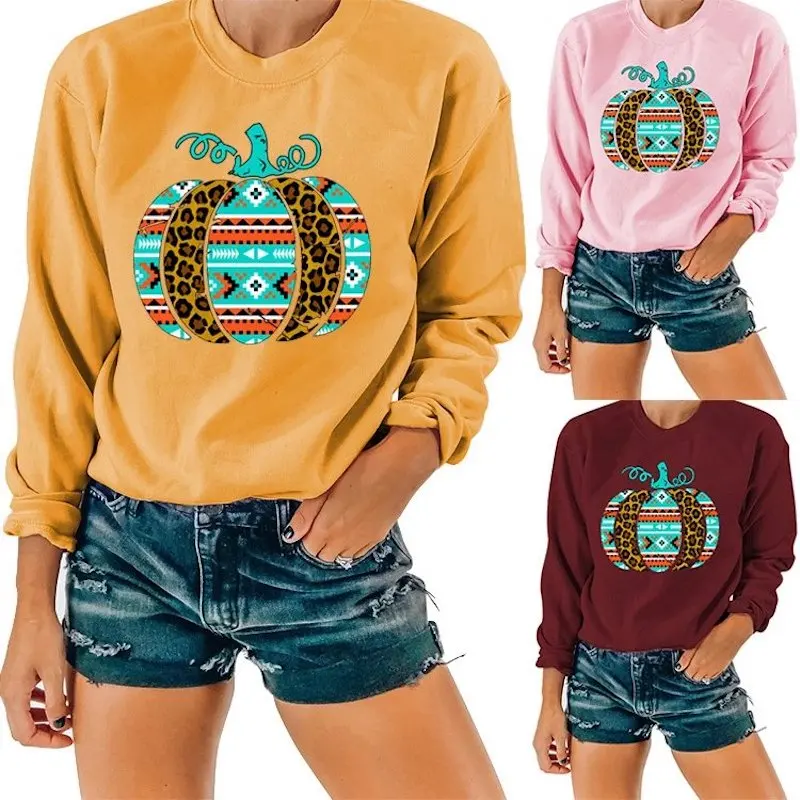 

Retro Pumpkin Hoodie Women Print Tops Halloween Sweatshirt Casual O Neck Long Sleeve Pullover Clothing