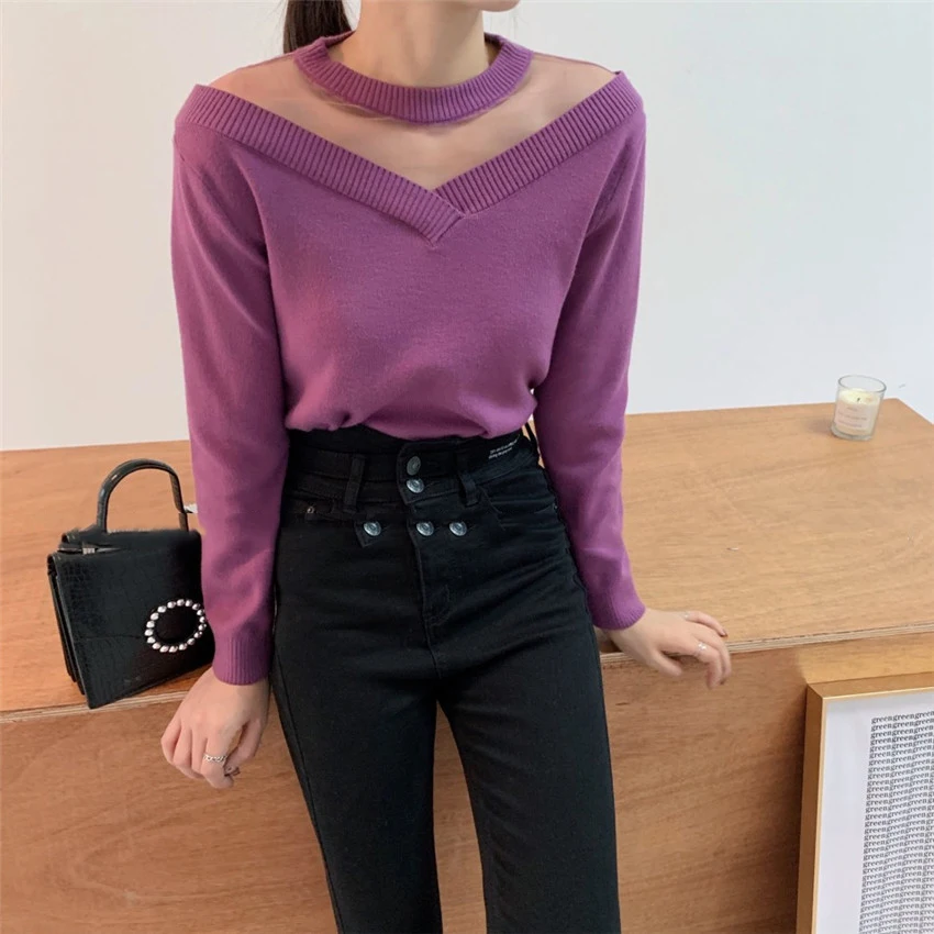 

Sexy Patchwork Mesh Pullover Elegant Sweater Women Long Sleeve Fashion sweet Knitwear Korean Jumper Pull Femme Tops