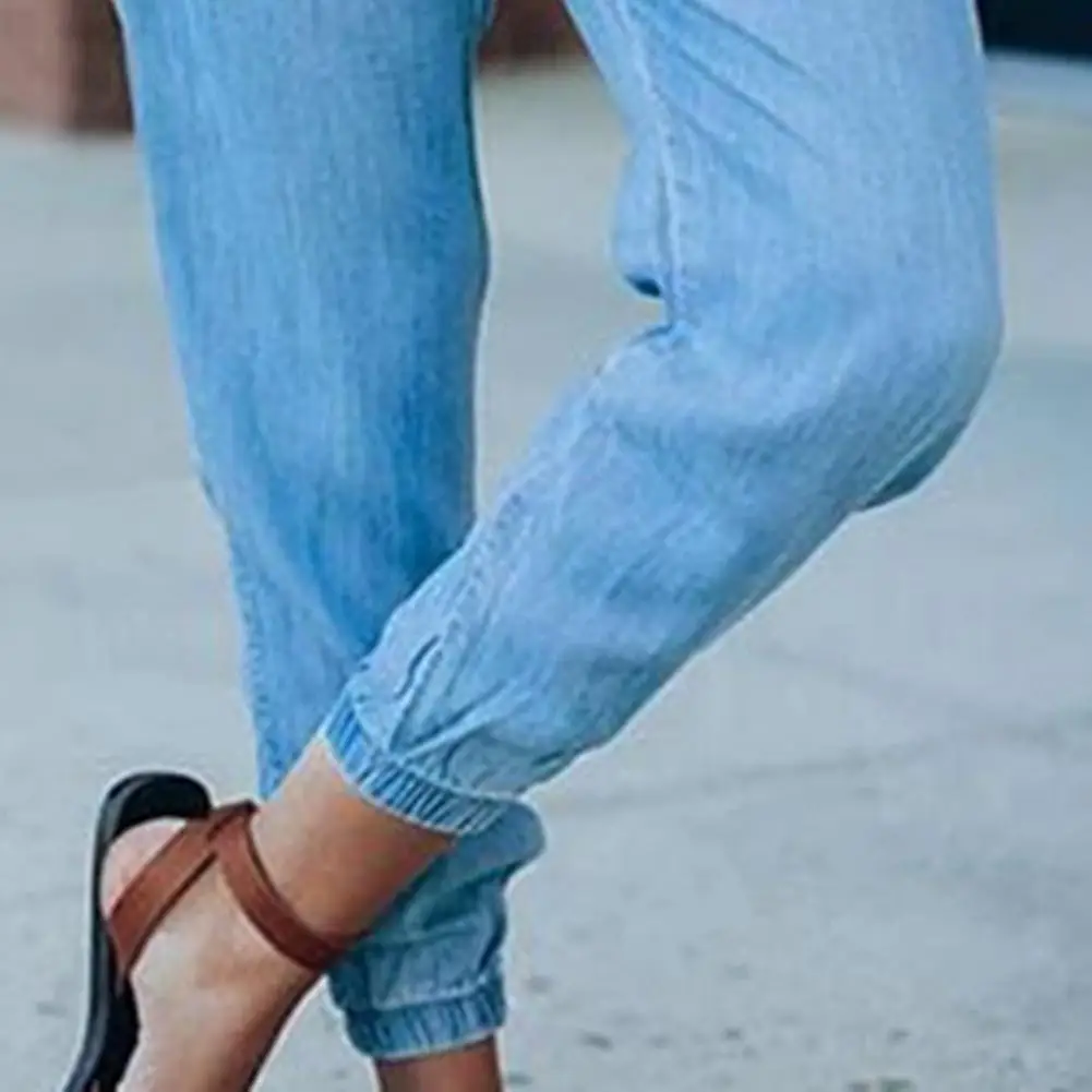 

Hot Sales Ladies Loose Jeans Casual Drawstring Lacework Elastic Waist Pants for Outdoor