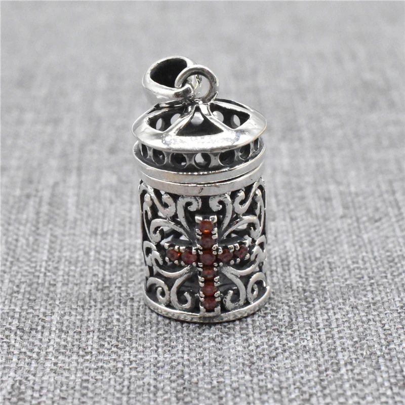 

925 Sterling Silver Spiral Cross Locket with Red CZ Prayer Box Pendant for Necklace