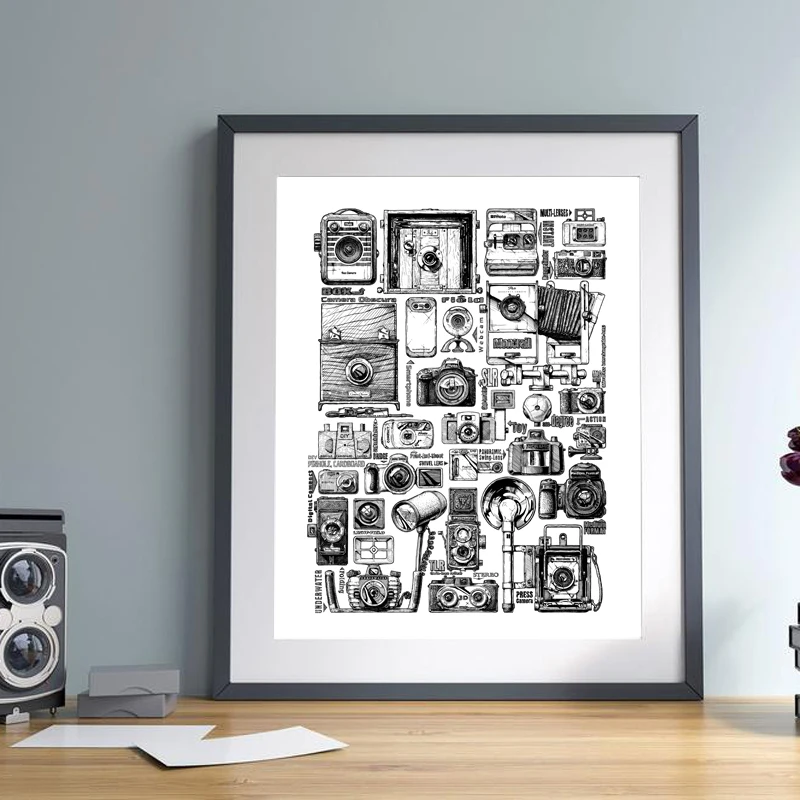 Винтажная Коллекция камер иллюстрации плакаты и принты черно-белая Картина на