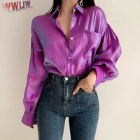 gradient color shirts womens fashion bright blouse loose female elegant lapel button blusa casual puff sleeve top oversize new