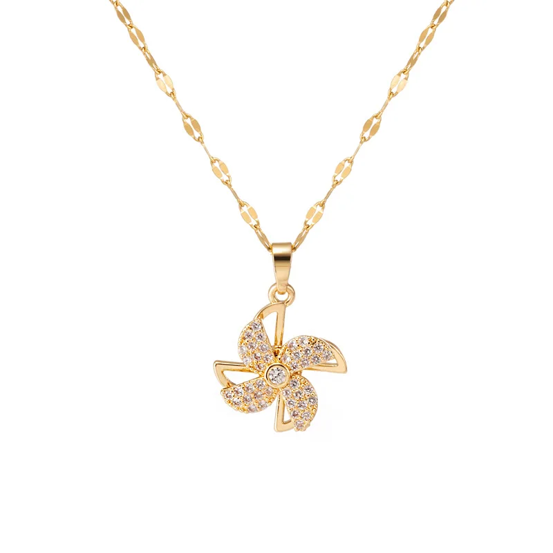 

2021Fashion OL Rotatable Plant Grass Titanium Steel Micro Diamond Necklace Ladies European and American Pendant Accessories