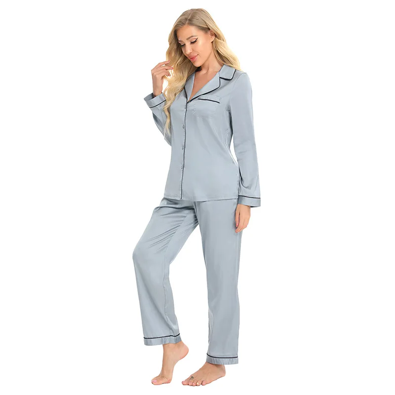 

Long Sleeve Trousers Pajamas Satin Spring And Autumn New Sleepwear Home Ladies Suit Lingerie Loose Bathrobe Simple Pyjama Femme