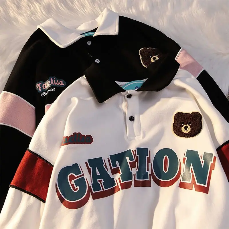 

Японская нишевая отворот поло футболка для мужчин и женщин 2022 Весенняя осенняя одежда в стиле преппи с длинным рукавом подходящая ко всему ...