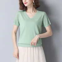in the summer of 2021 the new ice silk knitwear short sleeve t shirt female v neck loose brief paragraph mother put on clothes